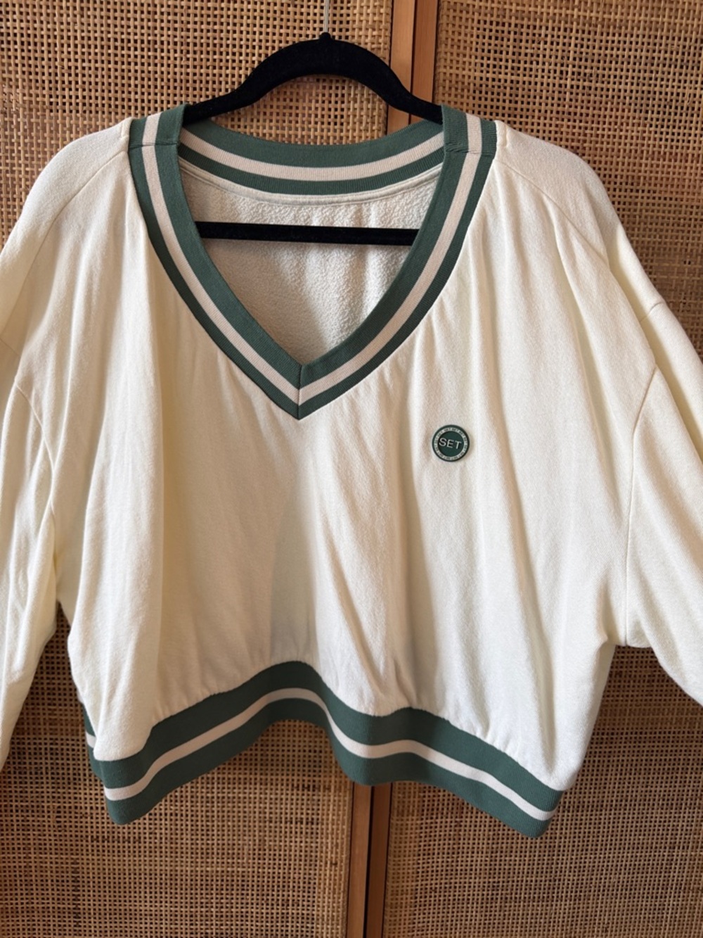 SET Active Cream and Green V-Neck Long Sleeve Top